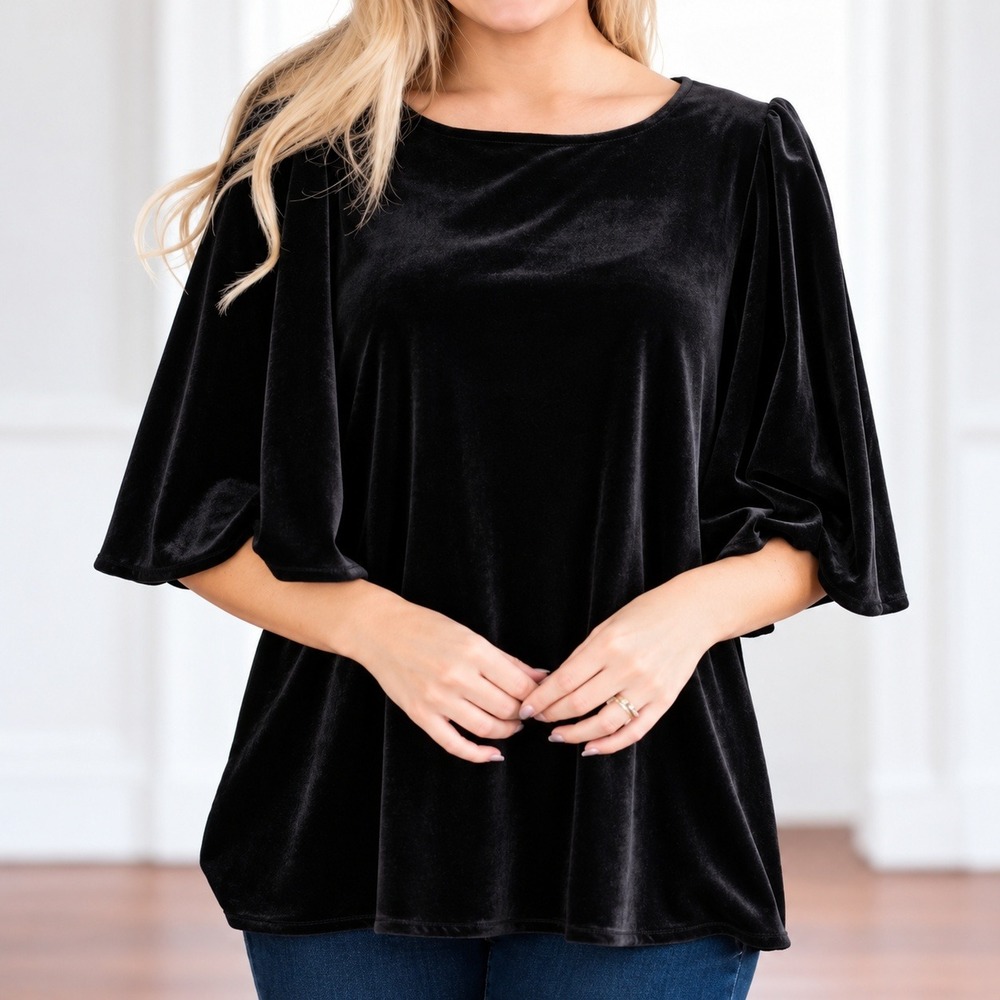 LaRoque Velvet Flutter Sleeve Top Small Black Holiday Party Luxe Elegant Goth